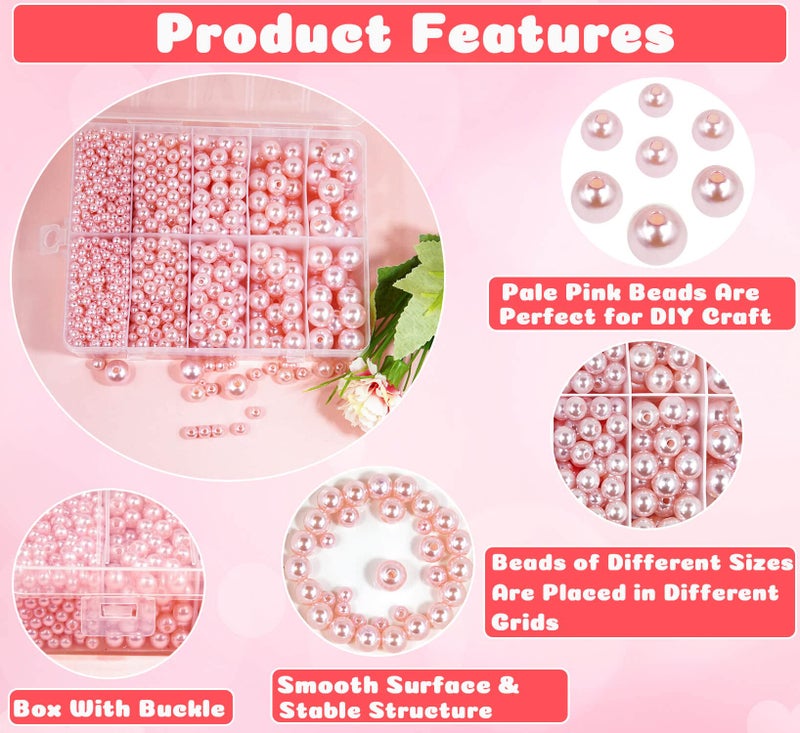 Wavlakth Pink Pearl Beads for Jewelry Making  1750pcs Light Pink Pearl Craft Bead with Hole 4mm 6mm 8mm 10mm 12mm Loose Spacer Bead for Necklace Bracelet Earrings Ring Choker Wedding Dress Decor (Pink) - Image 3